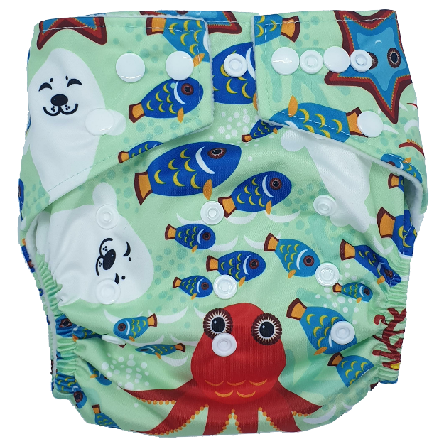 Hippybottomus Stay Dry Bamboo Nappy - Ocean Sea Fish Starfish Octopus Seal