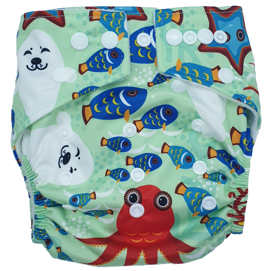 Hippybottomus Stay Dry Bamboo Nappy - Ocean Sea Fish Starfish Octopus Seal